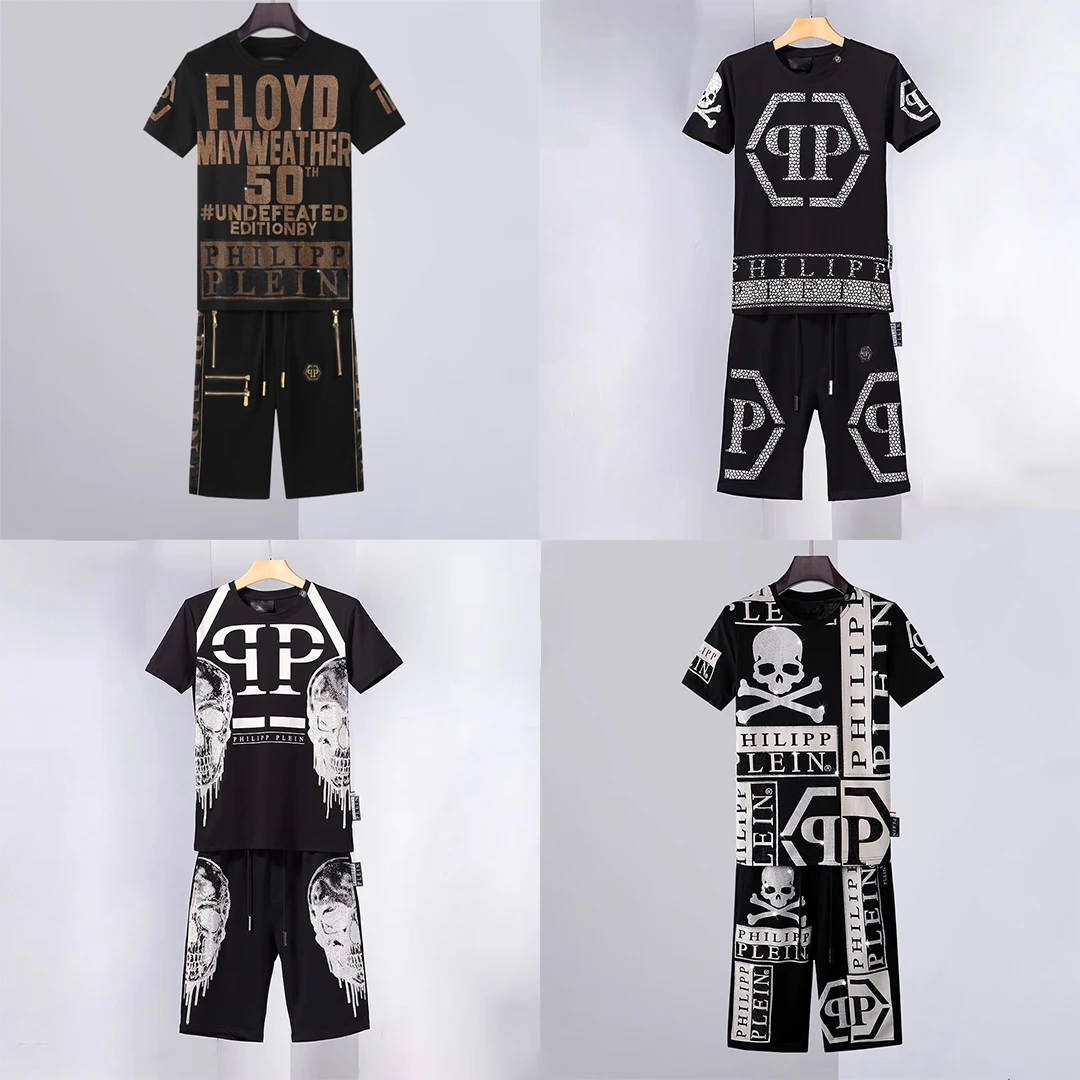 

New QP PHILIPP Men's T-Shirt Shorts Plein Men Pants Sports Suit Cotton 2 Piece Short Sleeve Tops Hip Hop Street Fitness Wear