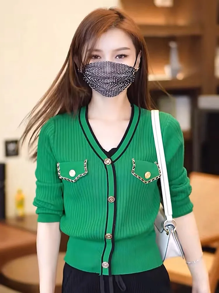 

Женский однобортный Кардиган с длинным рукавом, элегантный трикотажный свитер с V-образным вырезом, модель Y2k в Корейском стиле на осень и зиму