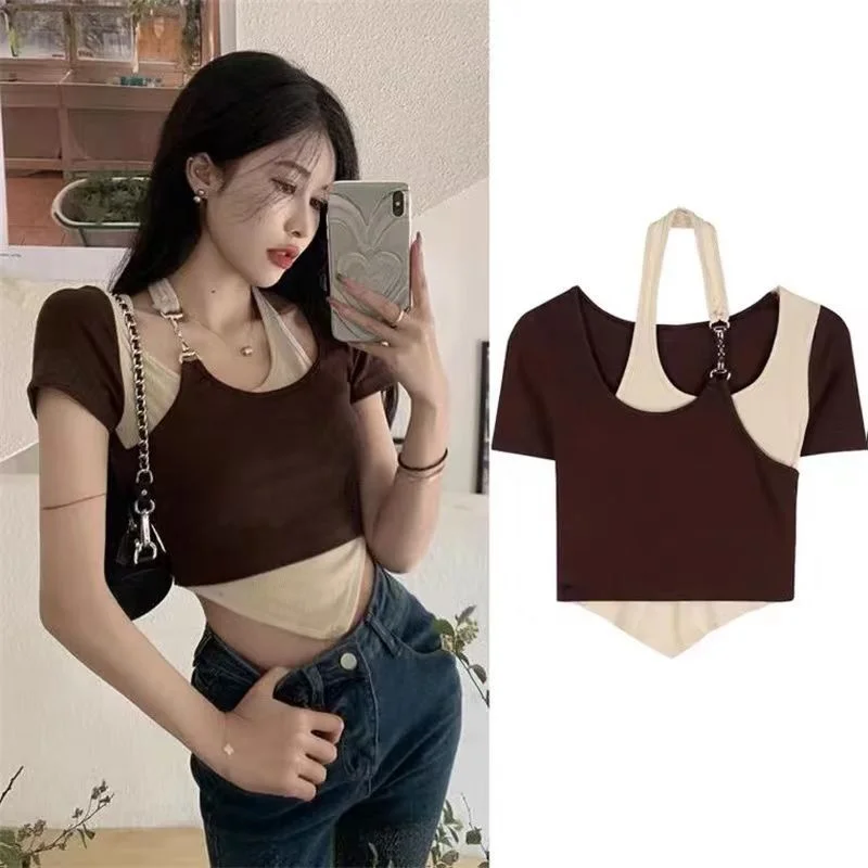 Summer Vintage Fake Two-Piece Irregular Crop Top Women Korean Chains Sling Slim Short Sleeve T-Shirt
Summer Vintage Fake Two-Piece Irregular Crop Top Women Korean Chains Sling Slim Short Sleeve T-Shirt