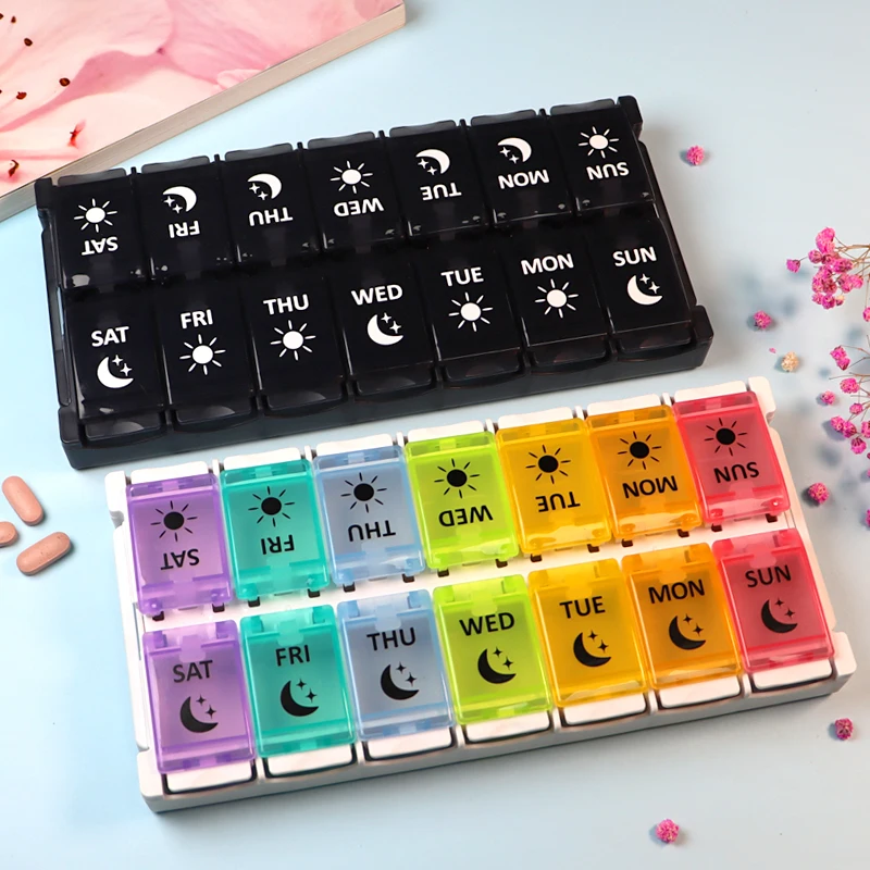 Pill Storage box AM/PM Large Capacity Weekly Pill Box Rainbow Pill Case for Daily Fish Oil/Vitamin/Supplement with Easy Button 
Pill Storage box AM/PM Large Capacity Weekly Pill Box Rainbow Pill Case for Daily Fish Oil/Vitamin/Supplement with Easy Button