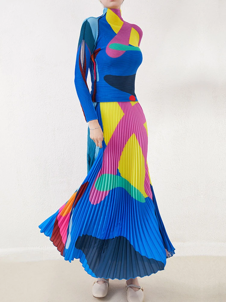 Miyake Pleated Two Piece Skirt Sets T-shirt Color Block Long Sleeves Turtleneck Top Loose Elastic Waist Long Skirt Women Fashion
Miyake Pleated Two Piece Skirt Sets T-shirt Color Block Long Sleeves Turtleneck Top Loose Elastic Waist Long Skirt Women Fashion
