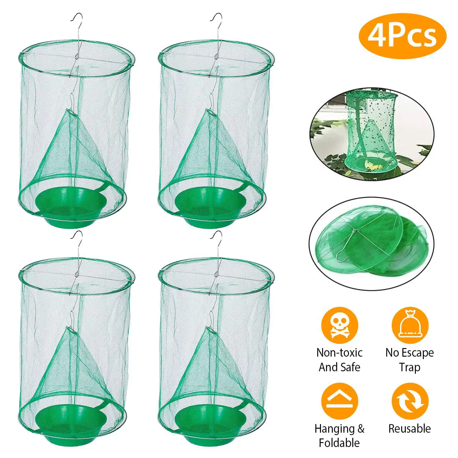 Fly Trap, 4 Set Hanging Bug Catcher Cage Net with Bait Trap Reusable for Outdoor Farm Orchard
Fly Trap, 4 Set Hanging Bug Catcher Cage Net with Bait Trap Reusable for Outdoor Farm Orchard
