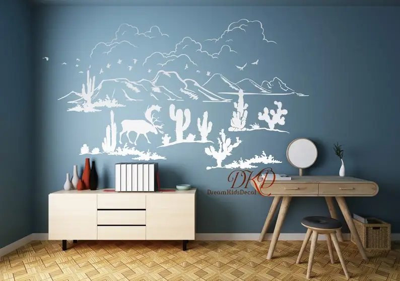 Desert Mountain Wall Decal, Nursery Wall Decal Baby room, Bison, Mountains, Tropical Cactus Wall Decor, West Coast dessert theme
Desert Mountain Wall Decal, Nursery Wall Decal Baby room, Bison, Mountains, Tropical Cactus Wall Decor, West Coast dessert theme