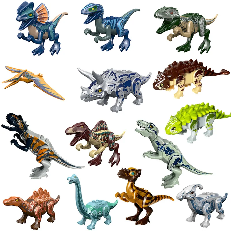 

Фигурки Динозавров Юрского периода, мир, кирпичи, тираннозавр, индораптор, трицератопс, Велоцираптор, игрушечные строительные блоки MOC, пода...