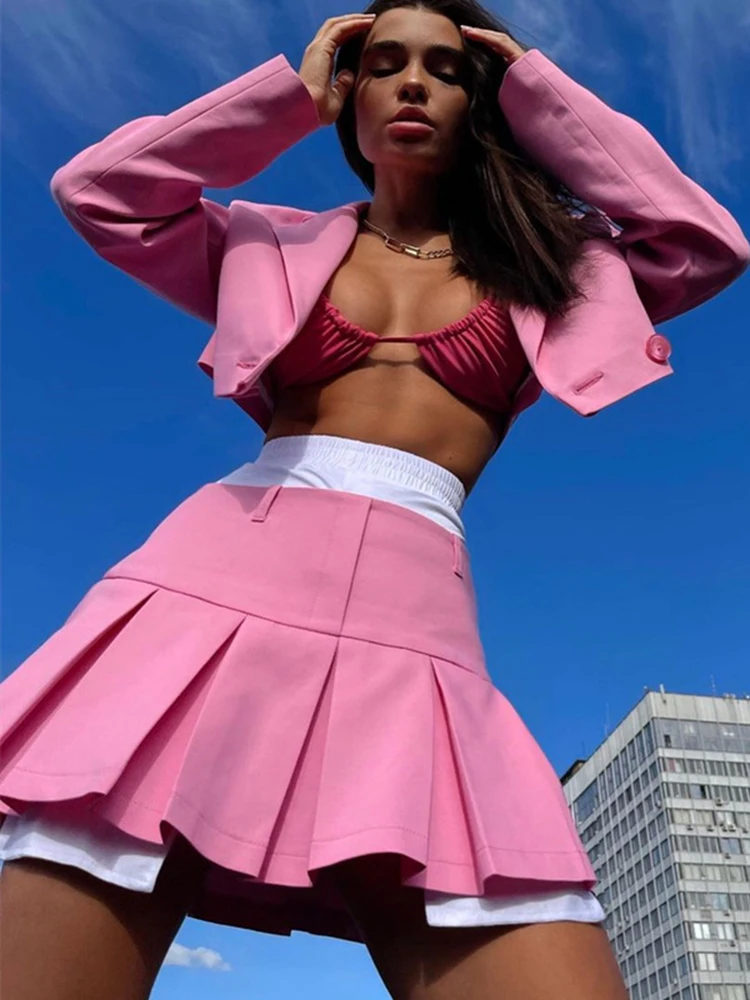 Women Suits Sexy Crop Blazer Slim Pleated Skirt Solid 2 Piece Sets 2022 Summer Pink Office Lady Elegant Outfits
Women Suits Sexy Crop Blazer Slim Pleated Skirt Solid 2 Piece Sets 2022 Summer Pink Office Lady Elegant Outfits