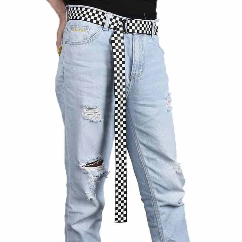 

Fashion Punk Checkered Belt Waistband Long Black And White Plaid Checkerboard Couple Checkered Canvas Women Men Casual Belts