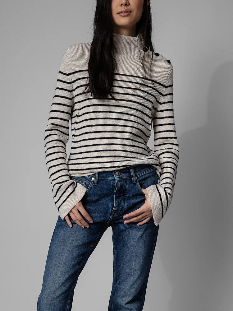 Stripes Turtleneck Sweaters Women 100% Wool Shoulder Buttons Slim Long Sleeve Lady 2022 Autumn Pullover Knitted Top 
Stripes Turtleneck Sweaters Women 100% Wool Shoulder Buttons Slim Long Sleeve Lady 2022 Autumn Pullover Knitted Top