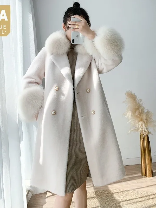 Real Elegant Women Fur Long Jacket Fox Fur Collar Office Ladies Wool Coat Double Breasted Soft 100% Sheep Fur Overcoat Outerwear
Real Elegant Women Fur Long Jacket Fox Fur Collar Office Ladies Wool Coat Double Breasted Soft 100% Sheep Fur Overcoat Outerwear