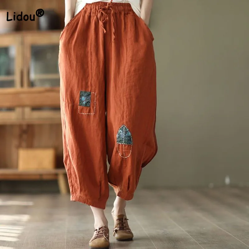 

Vintage Folk Solid Color Patches Spliced Pants Female Fashion Casual Embroidery Elastic Waist Harem Pants Summer Womens Clothing