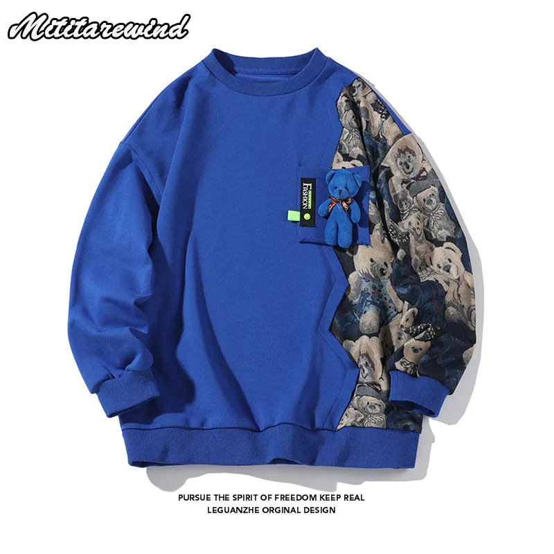 Толстовка мужская оверсайз с принтом медведя, свободная повседневная Уличная одежда контрастных цветов с круглым вырезом, свободная уличная одежда, синяя 
Толстовка мужская оверсайз с принтом медведя, свободная повседневная Уличная одежда контрастных цветов с круглым вырезом, свободная уличная одежда, синяя