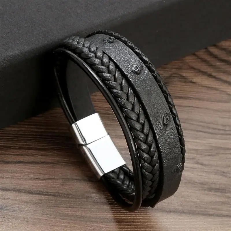 

New Men Leather Bracelet Stainless Steel Multilayer Braided Rope Bracelet Bangles Fashion Man Jewelry Gift Wholesale