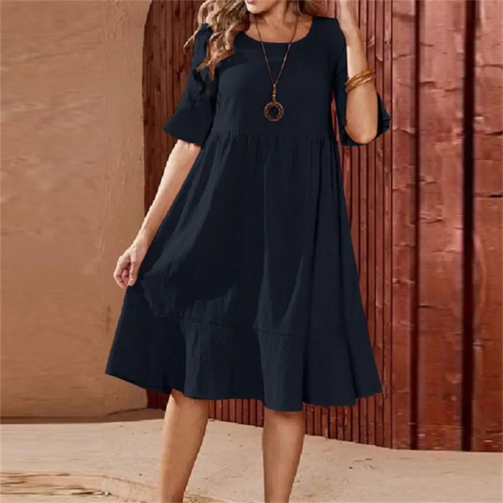 

O-Neck Flared Short Sleeve Midi Dress High Waist Thin Colorfast Ruffle Flowy Hem Solid A-line Midi Dress Streetwear