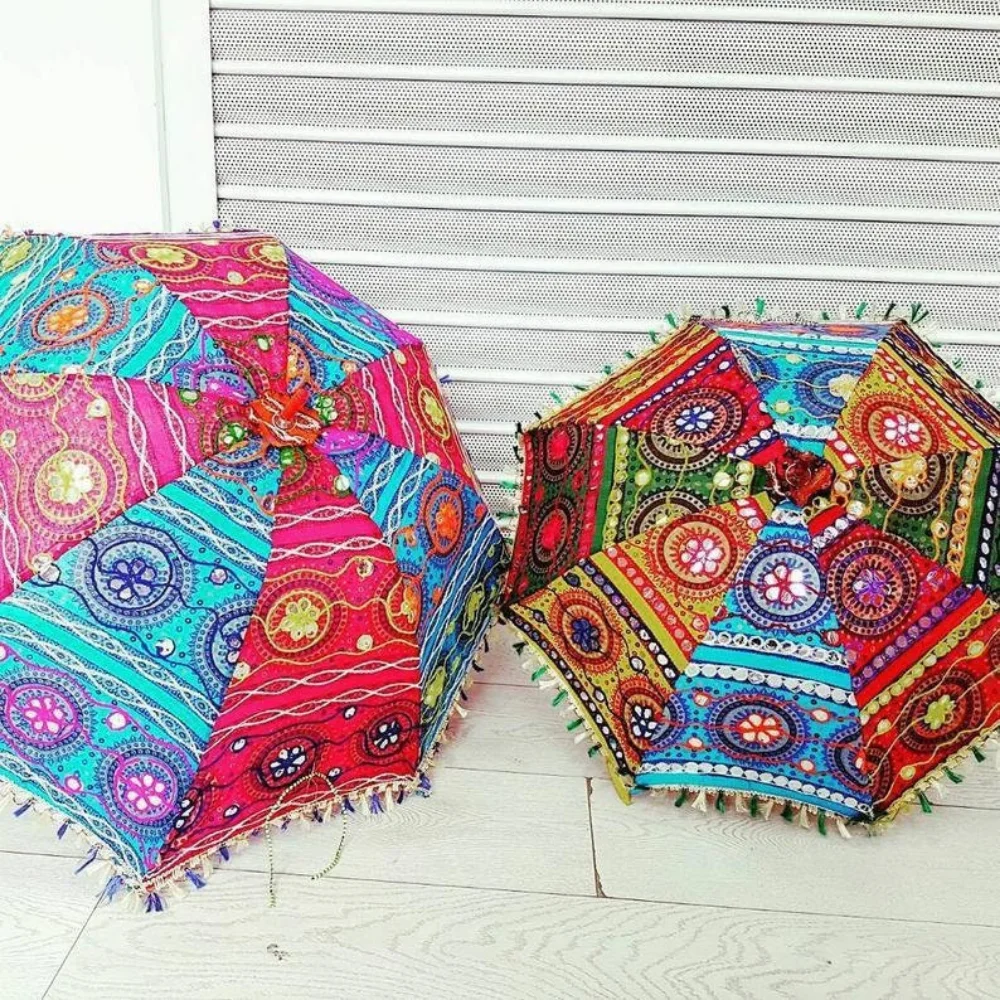 

Indian Handmade Patch Work Garden Umbrella Beach Umbrella Beautiful Handcrafted Antique Large Decorative Sun Parasols