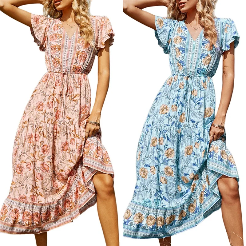 Women Long Dress Floral Print V-Neck Short Sleeve Ruffle For Spring Summer Pink/Blue
Women Long Dress Floral Print V-Neck Short Sleeve Ruffle For Spring Summer Pink/Blue