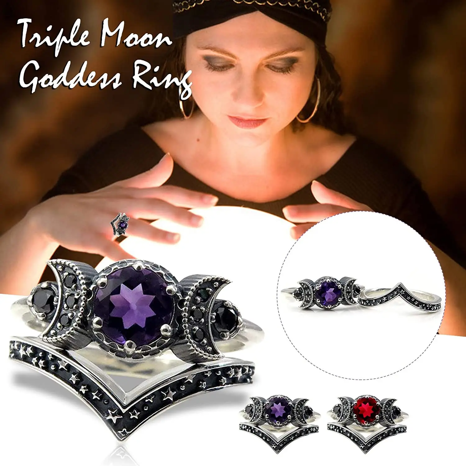 Hecate Triple Moon Ring Set Amethyst or Red Crystal Engagement Wedding Black Ring for Women Moon Goddess Jewelry Boho Gothic2022
Hecate Triple Moon Ring Set Amethyst or Red Crystal Engagement Wedding Black Ring for Women Moon Goddess Jewelry Boho Gothic2022