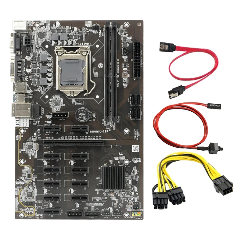 B250 BTC Mining Motherboard 12 PCIE Graphics Slot LGA 1151 DDR4 16G RAM SATA3.0 with 6 to 8 Pin Power Cable+Switch Cable
B250 BTC Mining Motherboard 12 PCIE Graphics Slot LGA 1151 DDR4 16G RAM SATA3.0 with 6 to 8 Pin Power Cable+Switch Cable
