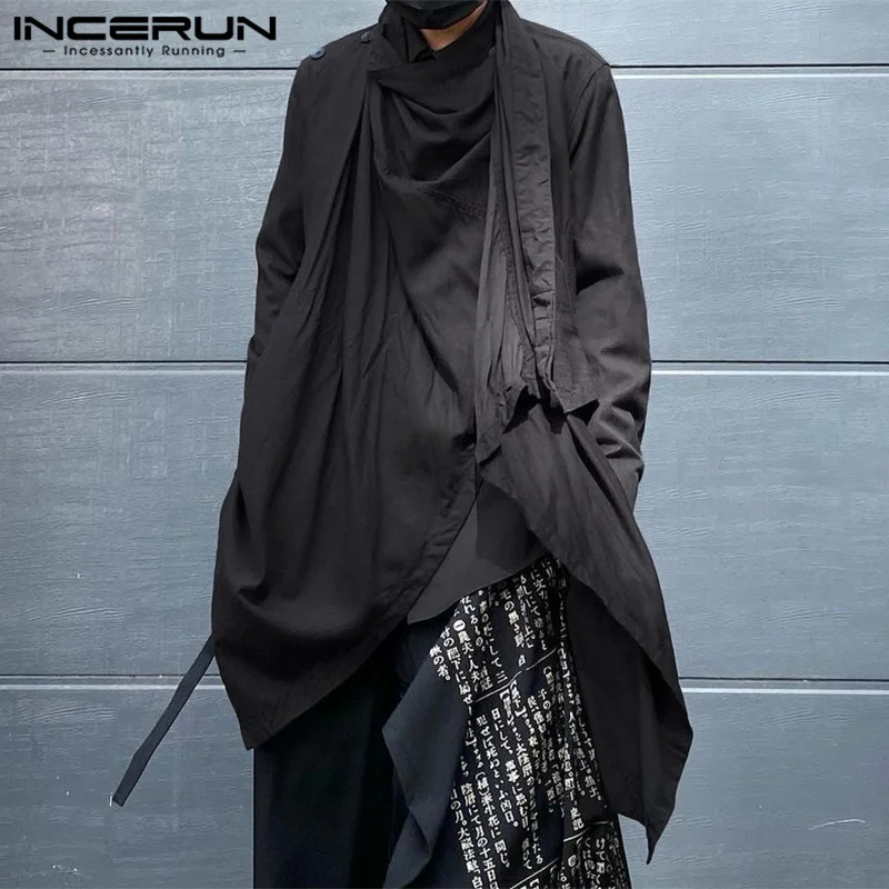 

INCERUN Men Irregular Trench Solid Color Turtlneck Long Sleeve 2023 Fashion Cloak Ponchos Men Punk Streetwear Casual Thin Coats