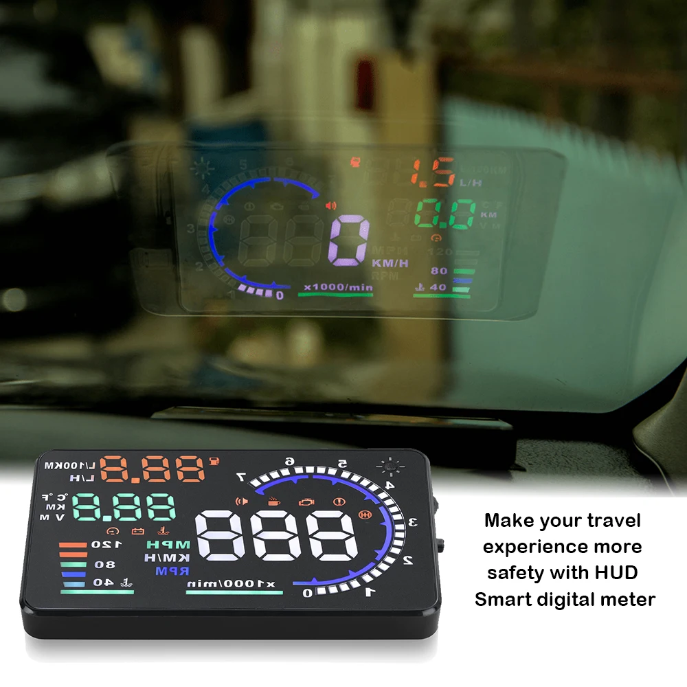 

Дисплей на лобовое стекло A8 HUD OBD2, цифровой спидометр, проектор скорости ветрового стекла с ускорением воды, временным оборотом и сигнализацией, очистка кодов неисправностей