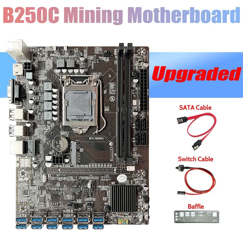 B250C ETH Miner Motherboard+Baffle+SATA Cable+Switch Cable 12 PCIE To USB3.0 Graphics Card Slot LGA1151 For BTC Mining
B250C ETH Miner Motherboard+Baffle+SATA Cable+Switch Cable 12 PCIE To USB3.0 Graphics Card Slot LGA1151 For BTC Mining