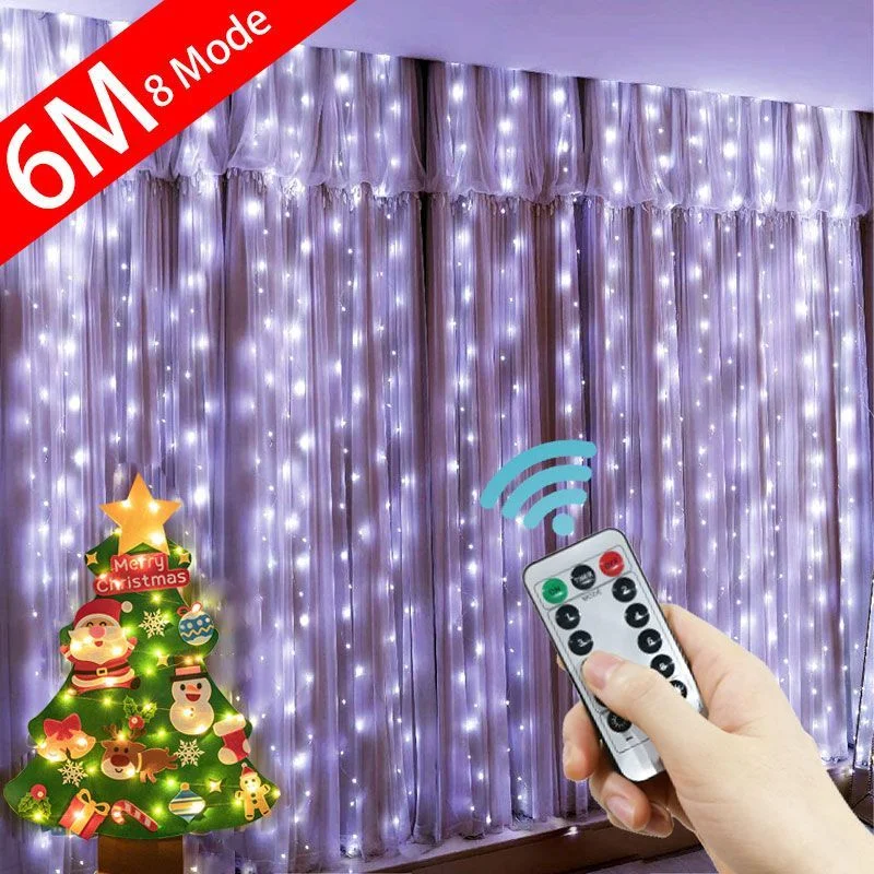 

Новогодняя гирлянда, 6x3 м, искусственная Гирлянда-занавеска на окно, USB-гирлянда, сказочные огни с дистанционным управлением, освещение, Рождественское украшение