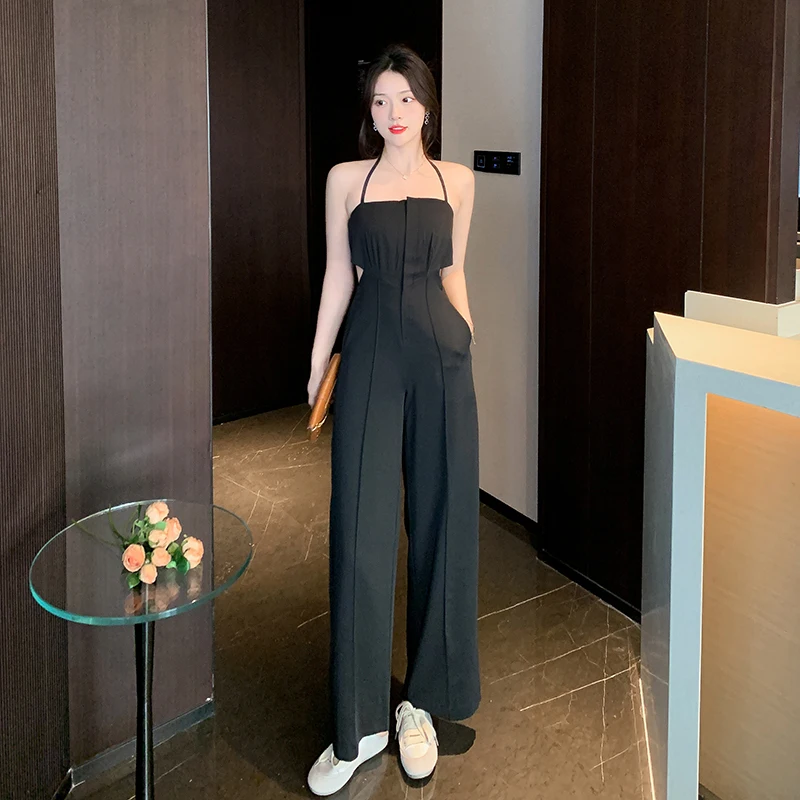 Women Wide Leg Long Pants Jumpsuit Black Sling Halter Neck Low Chest Loose Romper Long Jumpsuit Pockets Summer
Women Wide Leg Long Pants Jumpsuit Black Sling Halter Neck Low Chest Loose Romper Long Jumpsuit Pockets Summer