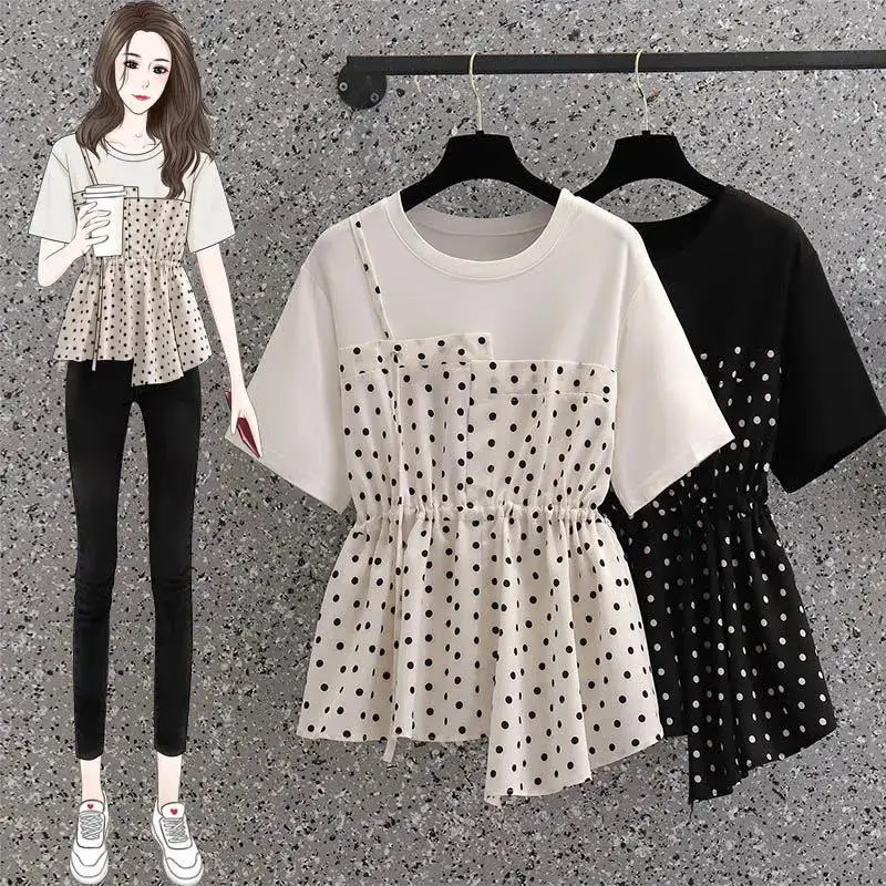 

Polka dot T-shirt women's summer new Korean fashion irregular stitching drawstring waist fake two-piece casual tops