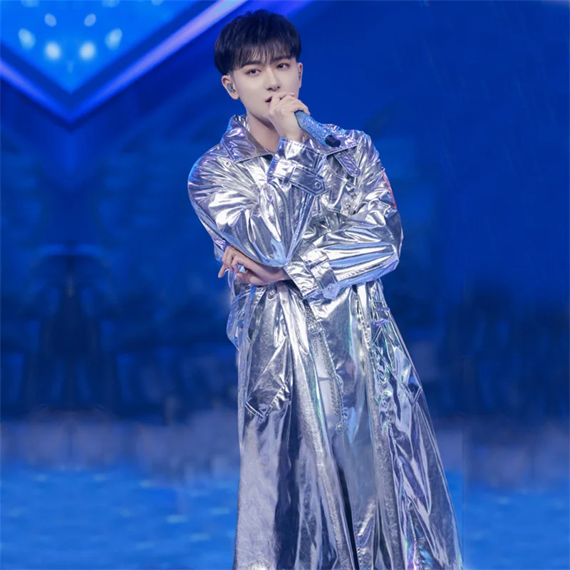 Men'S Windbreaker, Bright Silver, Medium Length, Knee Coat, Catwalk Stage Performance Wear, Fashion Trend, Personality Of The T
Men'S Windbreaker, Bright Silver, Medium Length, Knee Coat, Catwalk Stage Performance Wear, Fashion Trend, Personality Of The T