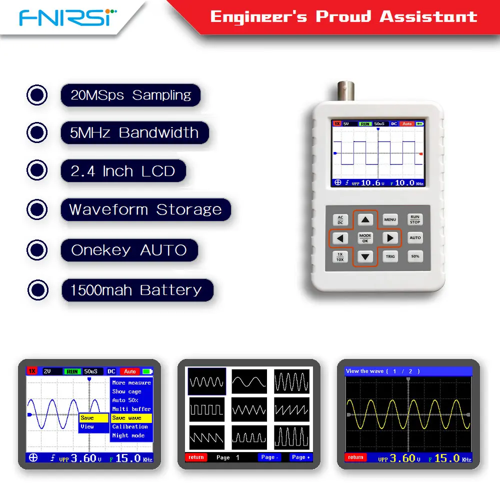 

DSO FNIRSI PRO Handheld Mini Portable Digital Oscilloscope 5M Bandwidth 20MSps Sampling Rate Multi-function Car Maintenance