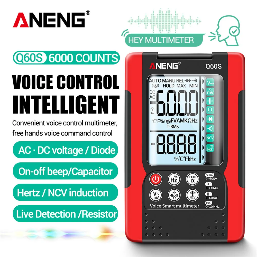 

ANENG Q60S Multimeter Digital AI Speech Recognition Transistor Tester 6000 Counts True RMS Auto Electrical Capacitance Meter