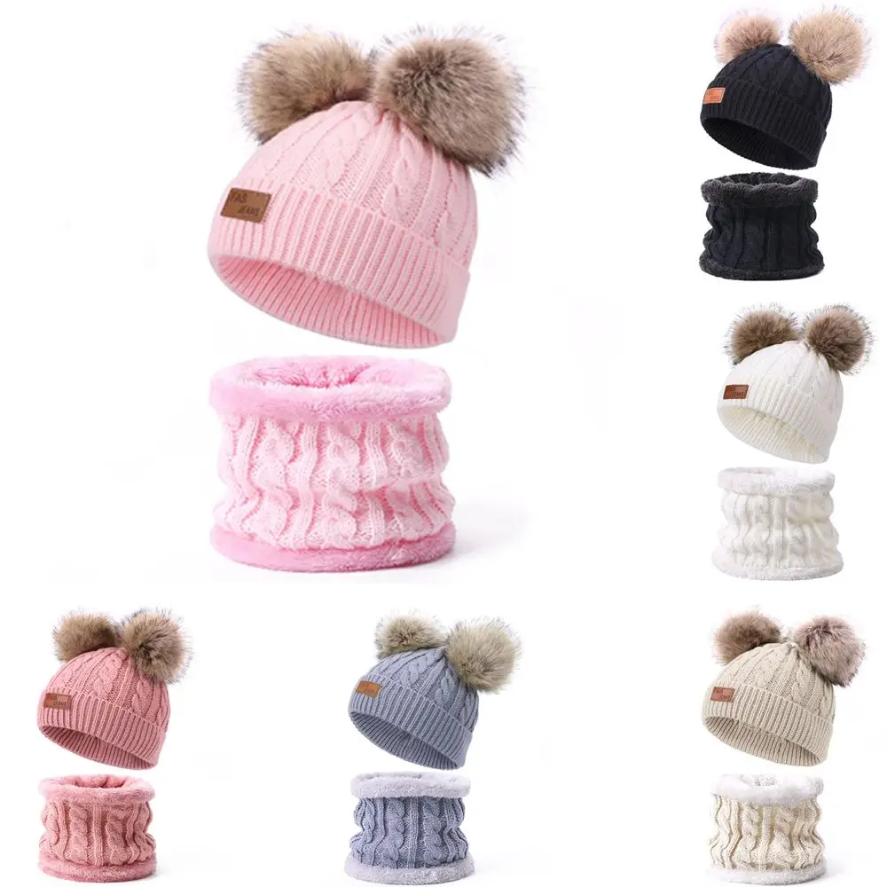 

Warm Neck Warmer PomPon Plush Knit Cap Children's Scarf Ski Hats Kids Beanie Hat Scarf