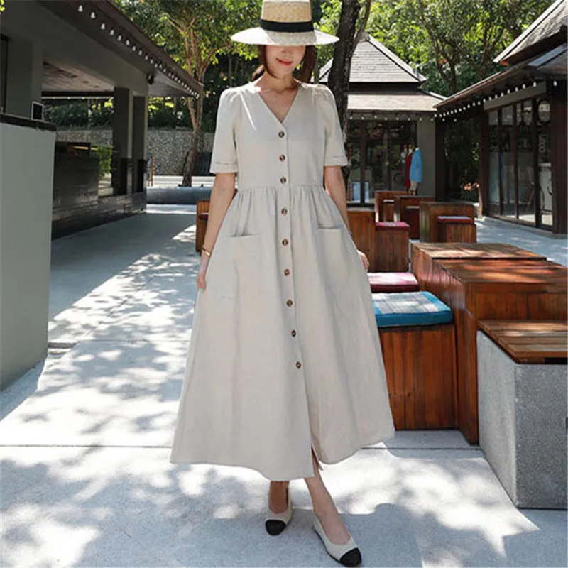 Casual Clothes Korean Linen V-Neck Loose Women Dress Summer Casual Solid Color Single-Breasted Pockets Female Dresses
Casual Clothes Korean Linen V-Neck Loose Women Dress Summer Casual Solid Color Single-Breasted Pockets Female Dresses