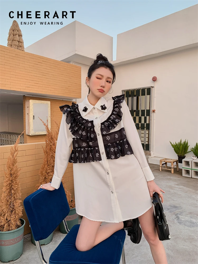 CHEERART Spring 2022 Womes Fashion White Button Shirt Dress Ruffle Patchwork Floral Long Sleeve Korean Style Mini Dress Clothing
CHEERART Spring 2022 Womes Fashion White Button Shirt Dress Ruffle Patchwork Floral Long Sleeve Korean Style Mini Dress Clothing