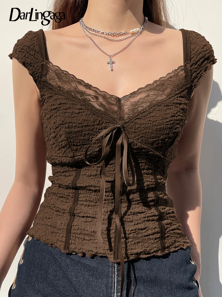 Darlingaga Y2K Vintage Aesthetic Bow Brown Summer T shirt Women Chic Shirred Lace Trim Crop Top Korean 90s Tee Shirts Stitch New
Darlingaga Y2K Vintage Aesthetic Bow Brown Summer T shirt Women Chic Shirred Lace Trim Crop Top Korean 90s Tee Shirts Stitch New