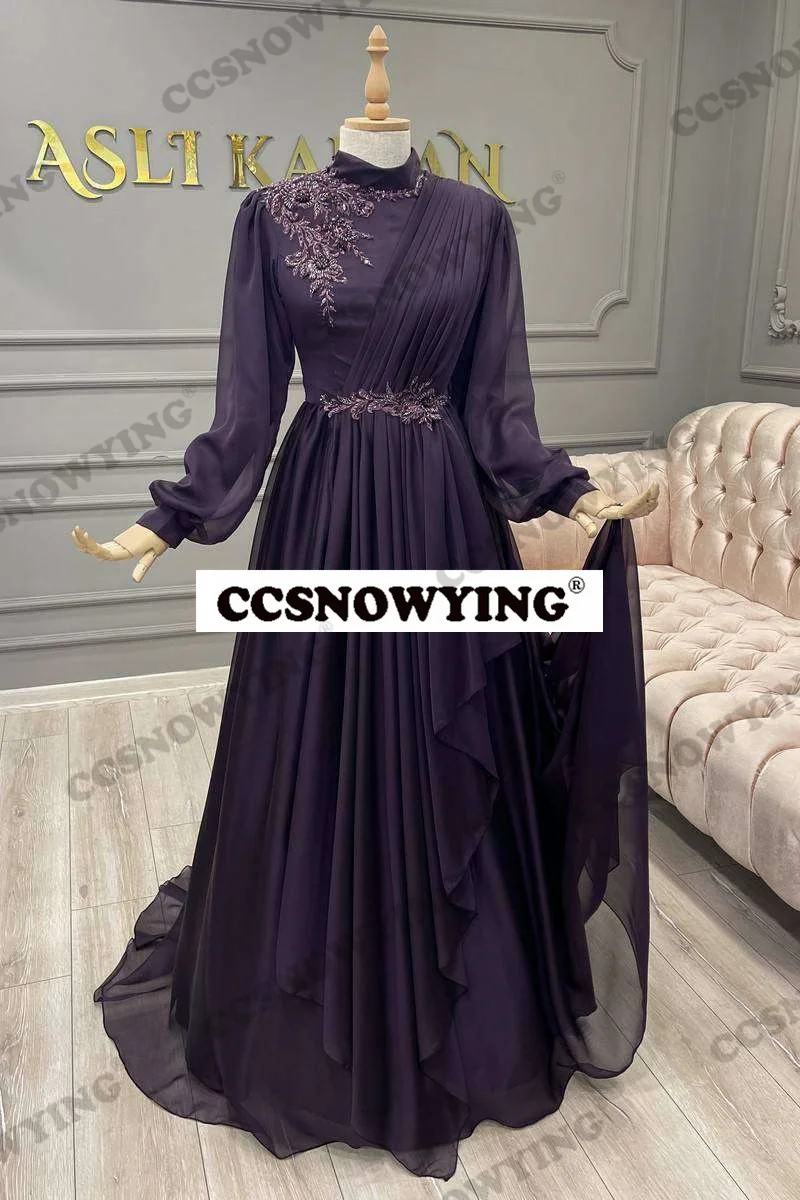 

Фиолетовое шифоновое платье с аппликацией, мусульманские Вечерние платья с длинным рукавом, официальное женское платье, хиджаб, Женский Арабский кафтан, вечернее платье