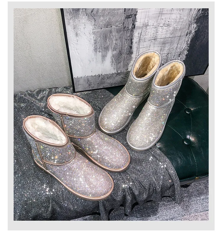 Handmade custom rhinestone snow boots women's short tube flat plus velvet thick cotton shoes large size 35-43
Handmade custom rhinestone snow boots women's short tube flat plus velvet thick cotton shoes large size 35-43