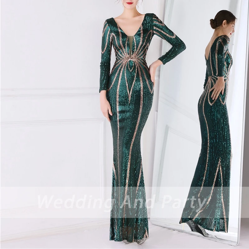 Long formal prom evening dress V neck long sleeve sequine wedding party dress Sparkle Mermaid Evening Dress
Long formal prom evening dress V neck long sleeve sequine wedding party dress Sparkle Mermaid Evening Dress