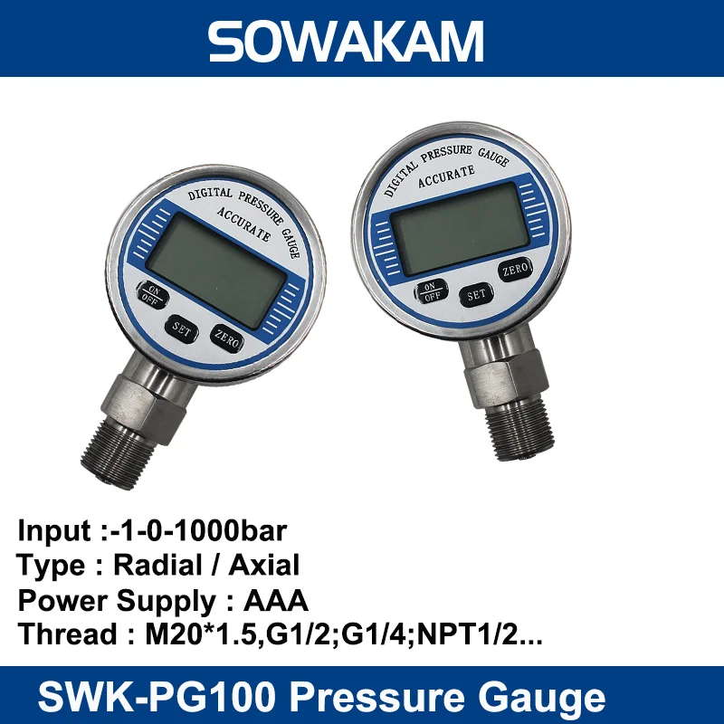 Digital Pressure Transmitter 316L LCD Stainless Steel 1000bar Gas Liquid Fuel Manometer G1/4 Pressure Gauge SWK-PG100
Digital Pressure Transmitter 316L LCD Stainless Steel 1000bar Gas Liquid Fuel Manometer G1/4 Pressure Gauge SWK-PG100