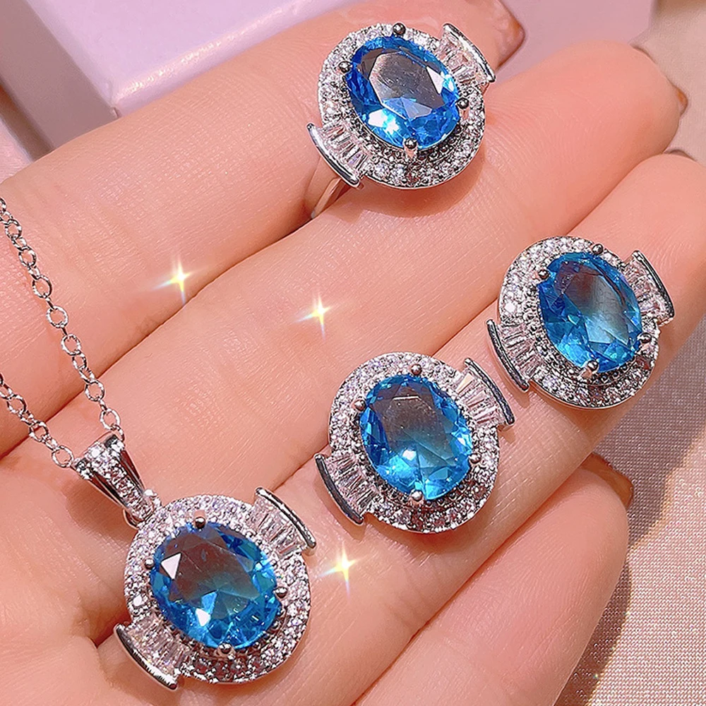 Exquisite Round Fashion Inlaid Shien Blue Zircon Earrings For Bride Weddings Romantic Neckalces Elegant Opean Rings Jewelry Gift
Exquisite Round Fashion Inlaid Shien Blue Zircon Earrings For Bride Weddings Romantic Neckalces Elegant Opean Rings Jewelry Gift