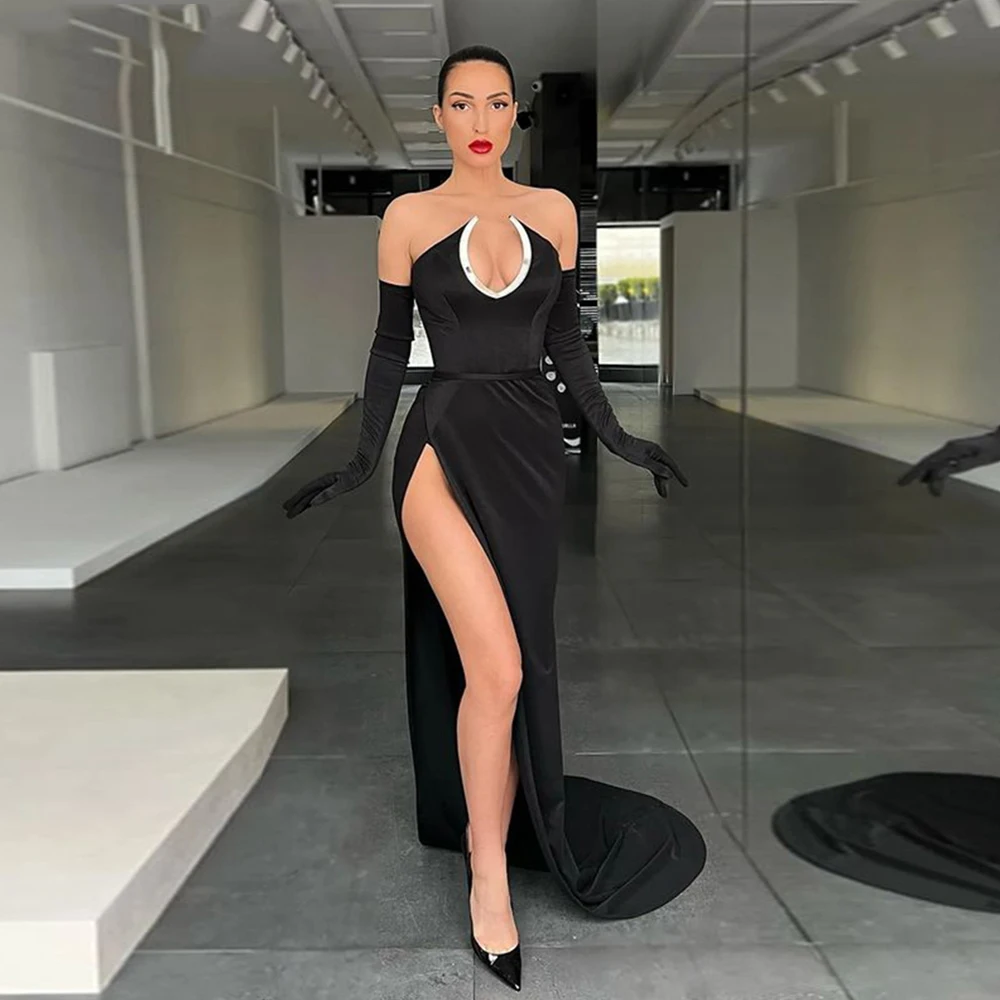GUXQD Black Long High Side Slit Evening Party Dress V-neck Simple Satin Formal Prom Gown Robe De Soirée Femme Robes De Cocktail
GUXQD Black Long High Side Slit Evening Party Dress V-neck Simple Satin Formal Prom Gown Robe De Soirée Femme Robes De Cocktail