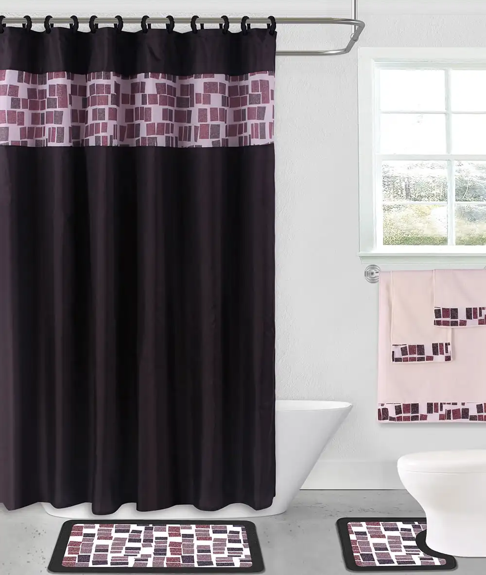15-piece Geometric Black Hotel Bathroom Set - 2 Non-Slip Bath Mats/Rugs, 72x72 Polyester Shower Curtain, 12-Hooks
15-piece Geometric Black Hotel Bathroom Set - 2 Non-Slip Bath Mats/Rugs, 72x72 Polyester Shower Curtain, 12-Hooks