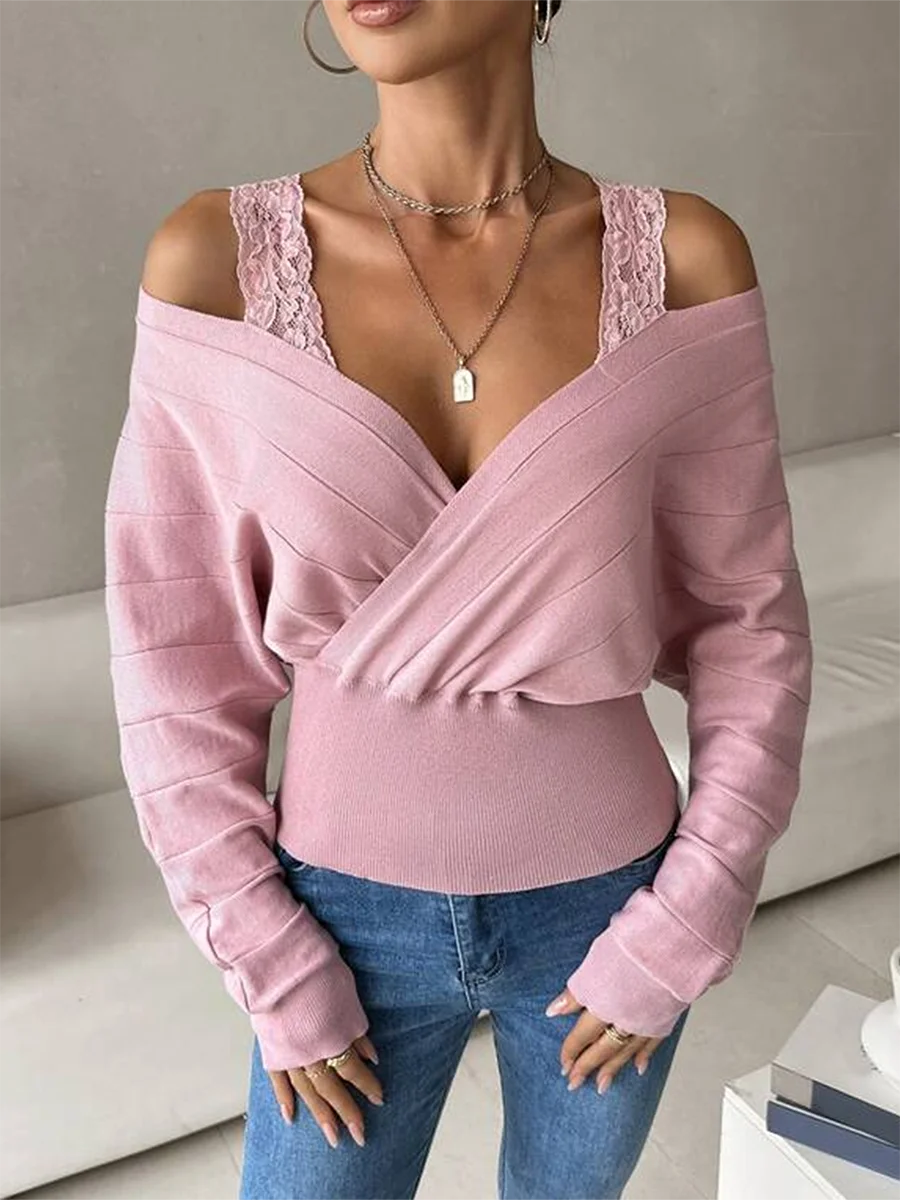Women's Cold Shoulder Sweaters Long Sleeve Wrap V Neck Solid Color Knit Tops Loose Jumpers 
Women's Cold Shoulder Sweaters Long Sleeve Wrap V Neck Solid Color Knit Tops Loose Jumpers