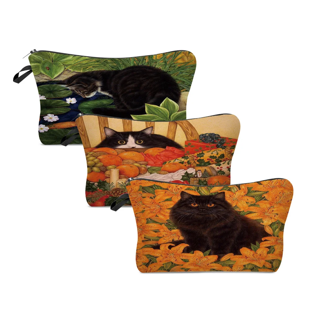 

Women Portable Cosmetic Bags Garden Cat Print Wash Bag Pouch Travel Storage Zip Toiletries Organizer Female Pocket Money Bag