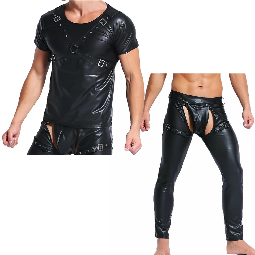 Mens Undershirts PU Leather T Shirts Short Sleeve Shirt Latex Wetlook Male Open Crotch Long Pants Dance Clubwear Men Clothes Set
Mens Undershirts PU Leather T Shirts Short Sleeve Shirt Latex Wetlook Male Open Crotch Long Pants Dance Clubwear Men Clothes Set