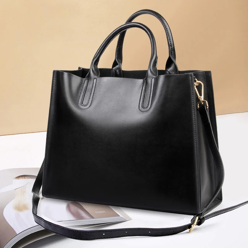 

Genuine Leather Women's Handbags Commuter Briefcase A4 File 14 Inch Computer Bag Lady Large Work Shoulder Crossbody Bags