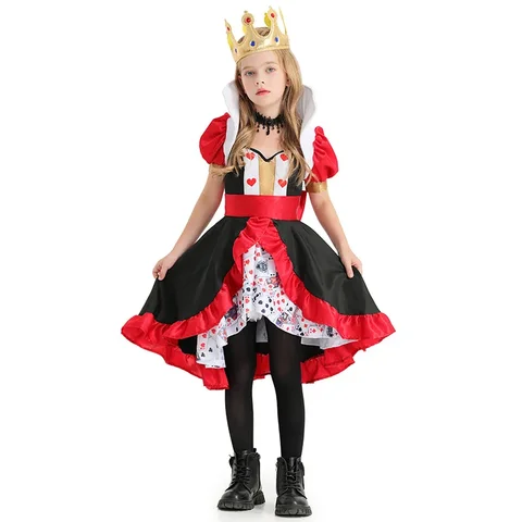 Взрослый Детский Костюм Королевы сердца Алиса в стране чудес покерная королева косплей Хэллоуин маскарадные костюмы пикантное платье с головным убором
