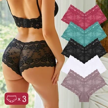 3PCS Women Floral Lace Panties Sexy Perspective Underwear V Waist Solid Color Underpants Female Breathable Intimates Lingerie