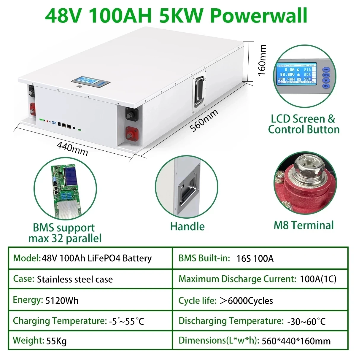 Powerwall 48v 100ah lifepo4 solar lithium battery 51.2v 5kw battery 6000+cycles max 32 parallel rs485 can barr for inverter
Powerwall 48v 100ah lifepo4 solar lithium battery 51.2v 5kw battery 6000+cycles max 32 parallel rs485 can barr for inverter