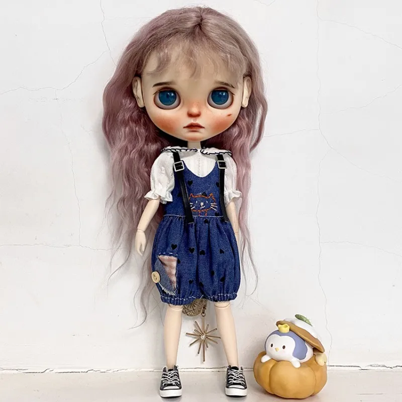 

Blythe Doll Clothing Accessories 1/8 Ob24 Ob22 Azone Body 19 Joint Love Denim Jumpsuit White Shirt 30cm Doll Clothing