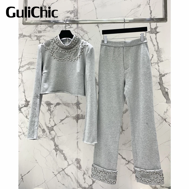 

4,9 GuliChic модная Тяжелая промышленность Бисероплетение бриллианты стоячий воротник короткая футболка или ролл-ап прямые брюки комплект для женщин