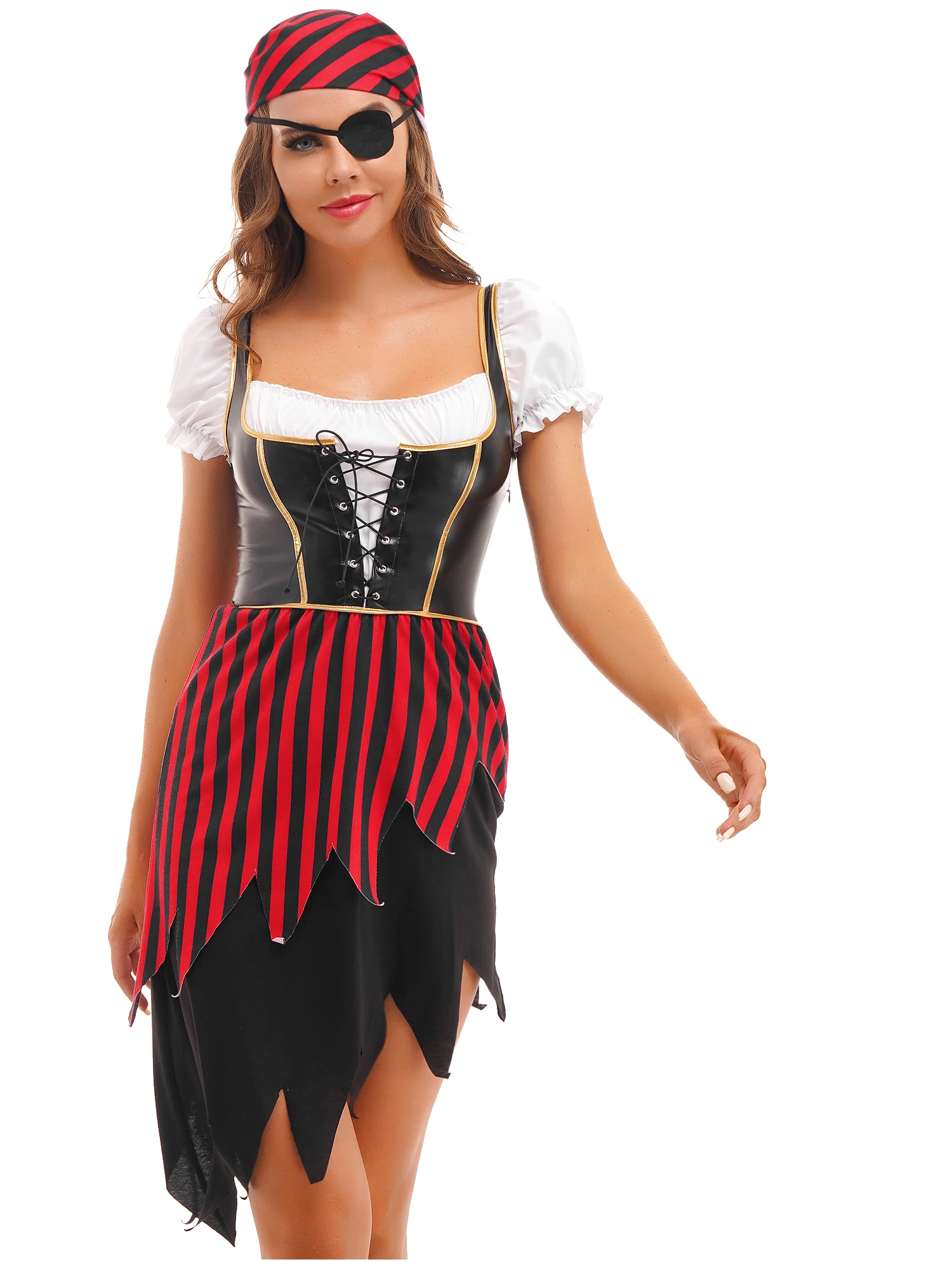 

Womens Pirate Role Play Costume Sexy Theme Party Puff Sleeve Square Neck Patchwork Jagged Hemline Dress with Headscarf Eye Patch
